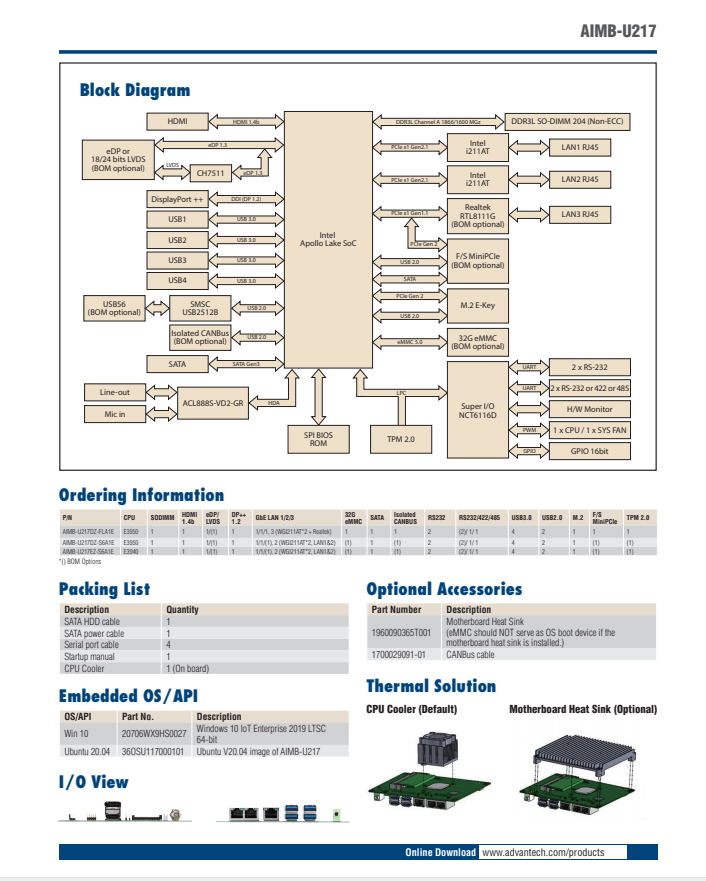 研華AIMB-U217 英特爾?Atom?E3950/E3940 QC 1.6 GHz UTX工業主板