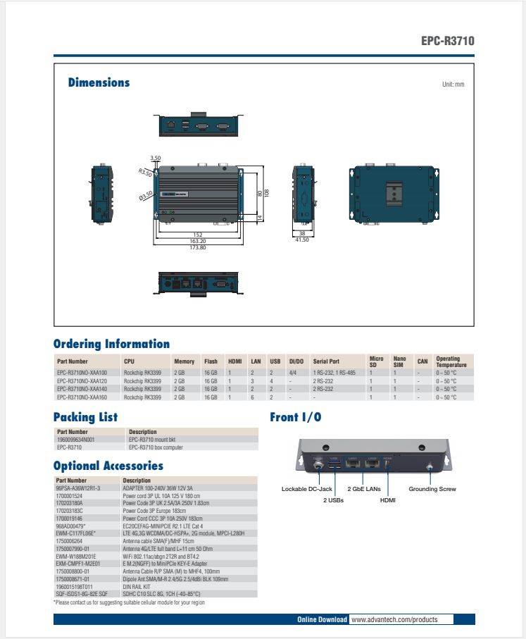 研華EPC-R3710 Rockchip RK3399 Cortex-A72 UIO40-Express Edge AI 工控整機， 4K display， 2xLan，