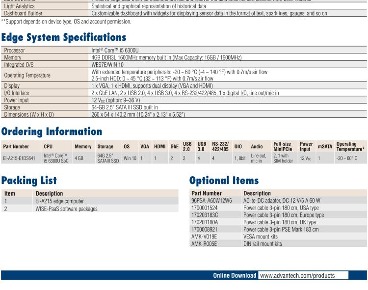 研華EI-A215 研華EI-A215，邊緣性計算系統，搭載Intel Core i5 6300U 處理器，4 GB內存，64 GB 存儲，高性能邊緣智能設備，具備豐富擴展接口 2 x LAN，4 x COM，6 x USB等，同時還可以擴展 iDoor 或 ARK-Plus 模組增加更多的擴展接口，搭配 5G 模塊。