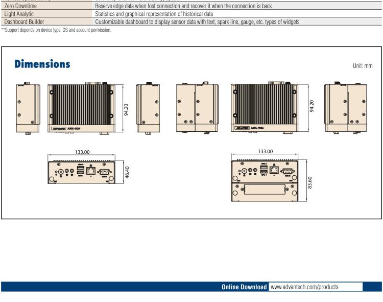 研華EIS-D210 研華EIS-D210，邊緣計算系統網關，Intel Celeron N3350 Dual Core SoC，最高支持 8 GB內存，低功耗邊緣智能設備，具備豐富擴展接口 2 x LAN，2 x COM，4 x USB，1 x VGA等，搭配 Wifi 或 4G 模塊，可以實現無線數據傳輸，體積非常小