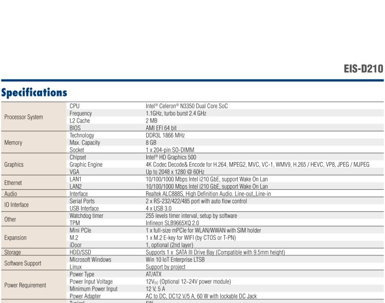 研華EIS-D210 研華EIS-D210，邊緣計算系統網關，Intel Celeron N3350 Dual Core SoC，最高支持 8 GB內存，低功耗邊緣智能設備，具備豐富擴展接口 2 x LAN，2 x COM，4 x USB，1 x VGA等，搭配 Wifi 或 4G 模塊，可以實現無線數據傳輸，體積非常小