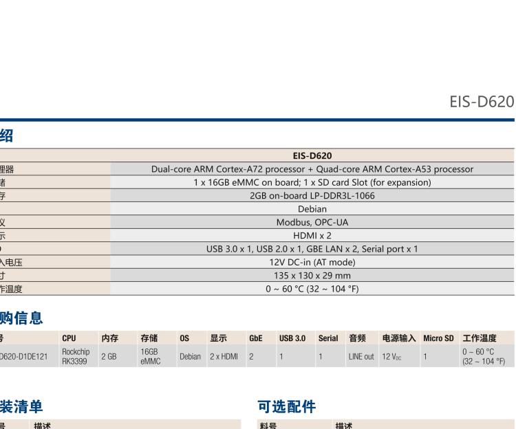 研華EIS-D620 研華EIS-D620，邊緣計算系統網關，基于Rockchip RK3399處理器，板載2GB內存，16GB eMMC 存儲，低功耗邊緣智能設備，具備豐富擴展接口 2 x LAN，1 x COM，1 x USB，2 x HDMI等，體積非常小巧，適用于邊緣設備控制及數據采集等應用場景。