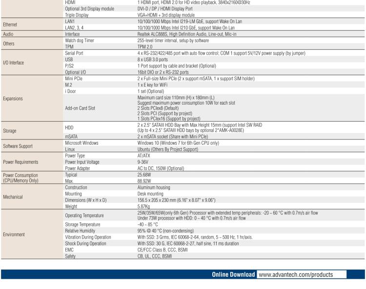 研華EIS-S230 研華 EIS-S230，邊緣計算系統服務器，支持Intel 第六代、第七代處理器，可選i3/i5/i7 Xeon CPU，DDR4 最高32GB，最多可支持4 x 2.5寸硬盤，具備豐富擴展接口 4 x LAN，4 x COM，8 x USB，2 x PCIE。產品生命周期長，穩定可靠。