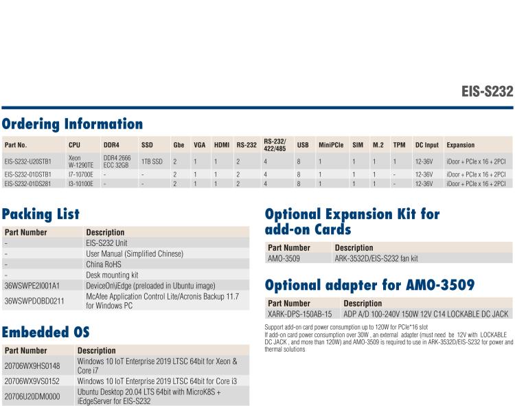 研華EIS-S232 研華 EIS-S232，邊緣計算系統服務器，支持Intel 第十代處理器，可選i3/i5/i7 Xeon CPU，DDR4 最高32GB，最多可支持4 x 2.5寸硬盤，具備豐富擴展接口 2 x LAN，6 x COM，8 x USB，1 x PCIE，2 x PCI。產品生命周期長，穩定可靠。