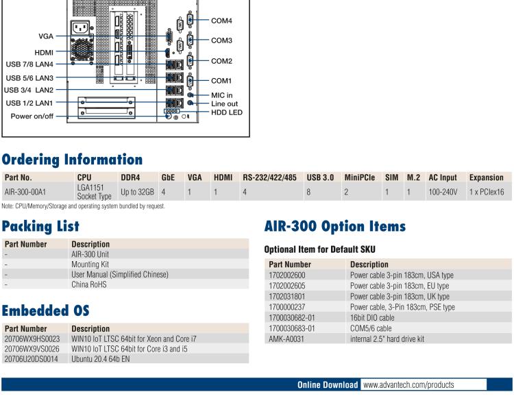 研華AIR-300 支持Intel Xeon / 6/7代Core?i3/i5/i7處理器，AI計算平臺，可擴展 PCIe x16 GPU全尺寸卡