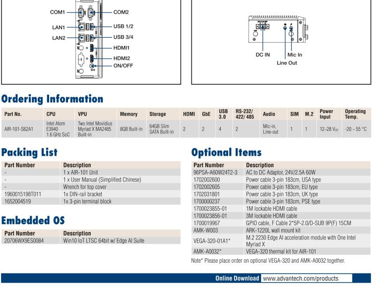 研華AIR-101 基于Intel Atom E3940處理器，AI計算平臺，內置Myriad X VPU * 2