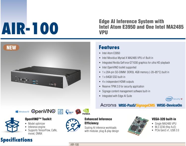 研華AIR-100 基于Intel Atom E3950處理器，AI計算平臺，內置Myriad X VPU * 1