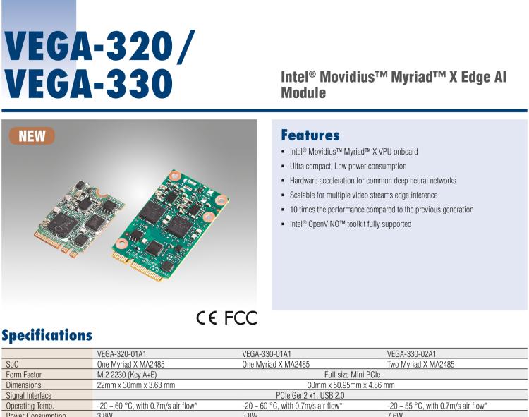 研華VEGA-330 基于Intel Movidius? Myriad? X VPU，miniPCIe Edge AI 模塊，VPU*2