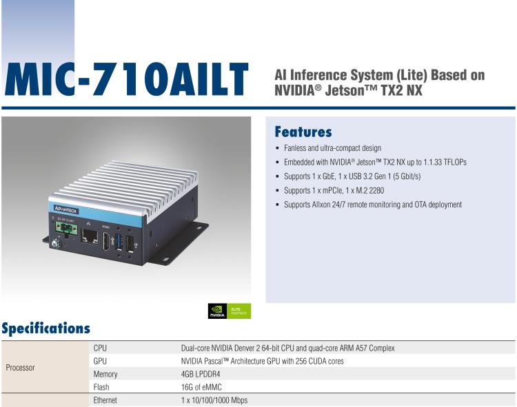 研華MIC-710AILT AI System (Lite) Based on NVIDIA? Jetson? TX2 NX