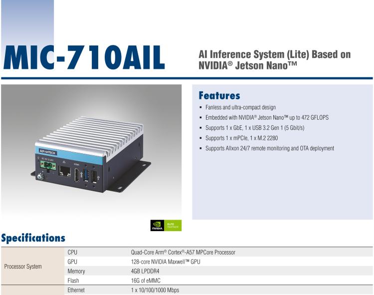 研華MIC-710AIL 基于NVIDIA? Jetson Nano?/Xavier? NX AI推理系統