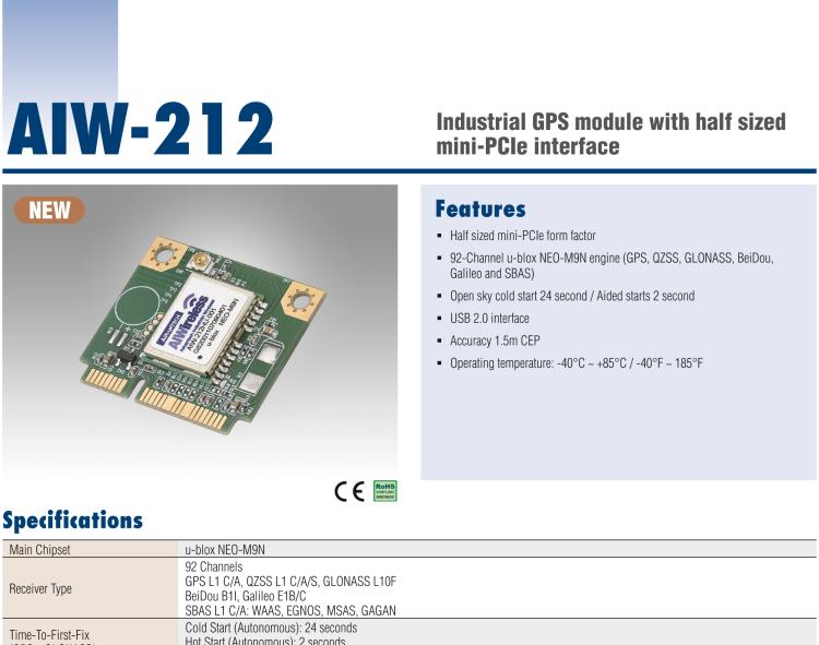 研華AIW-212 工業級 GNSS（GPS、GLONASS、BeiDou、Galileo、QZSS和SBAS）模塊，半尺寸 mini-PCIe 規格。