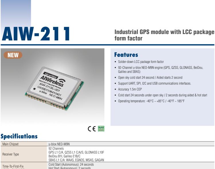 研華AIW-211 帶郵票型接口的工業級 GNSS（GPS、GLONASS、BeiDou、Galileo、QZSS和SBAS）模塊。