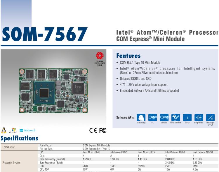 研華SOM-7567 Intel? Atom?/Celeron? 處理器，COM-Express Mini 模塊