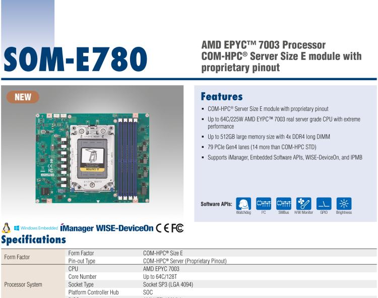 研華SOM-E780 AMD EPYC? 7003 COM-HPC? Server Size E 模塊，具有專有引腳