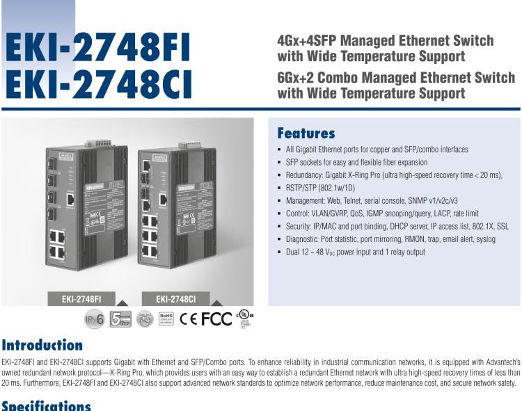 研華EKI-2748FI 4G+4G SFP 端口寬溫網管型工業以太網交換機