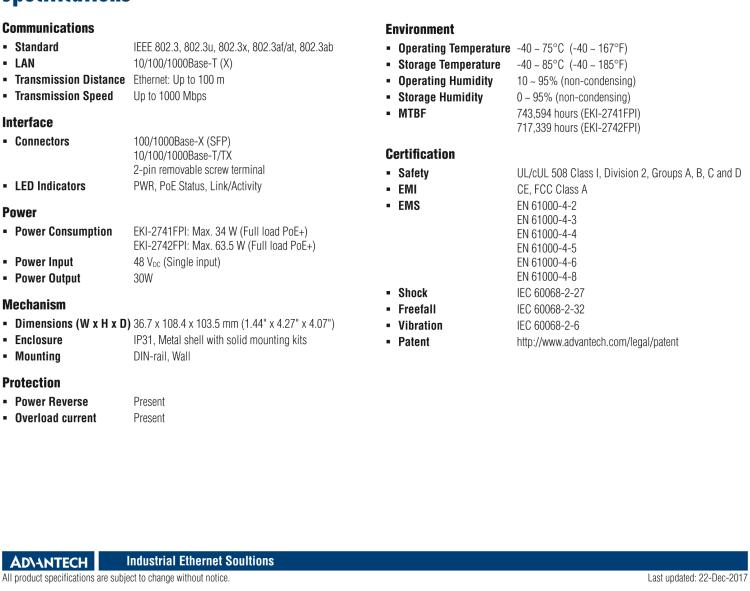 研華EKI-2741FPI 1GE PoE, SFP Injector ,IEEE802.3af/at, 48VDC, -40~75℃