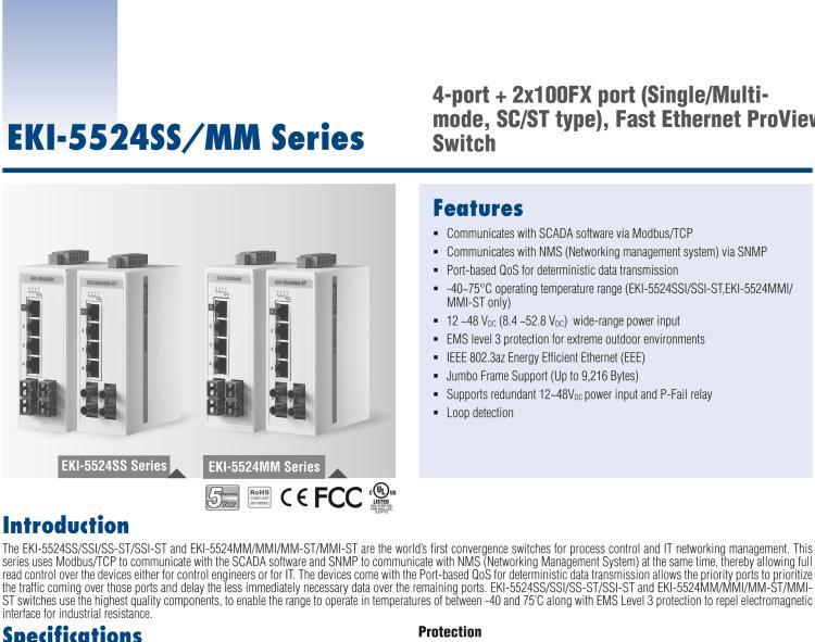 研華EKI-5524MMI-ST 2光4電百兆ProView(組態)系列工業以太網交換機(包含單模/多模、SC/ST接口)