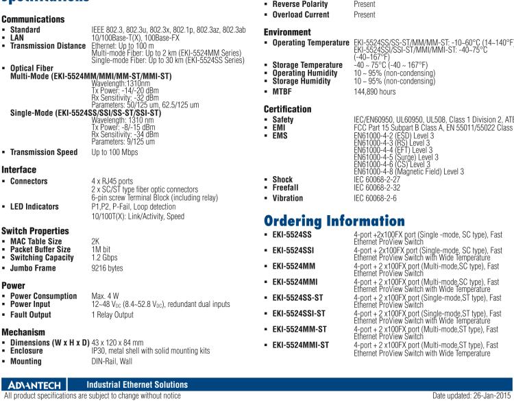 研華EKI-5524SSI 2光4電百兆ProView(組態)系列工業以太網交換機(包含單模/多模、SC/ST接口)