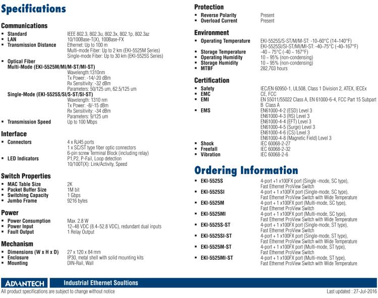 研華EKI-5525SI 1光4電百兆ProView(組態)系列工業以太網交換機（包含單模/多模、SC/ST接口）