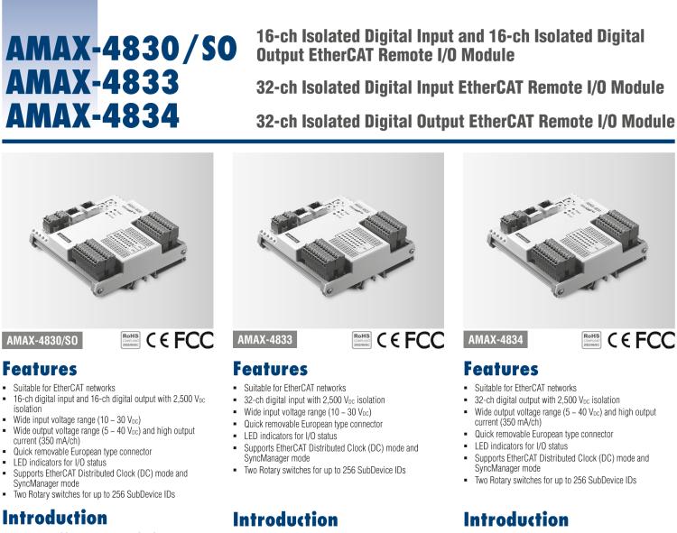 研華AMAX-4830 16-ch Isolated Digital Input and 16-ch Isolated Digital Output EtherCAT Remote I/O Module