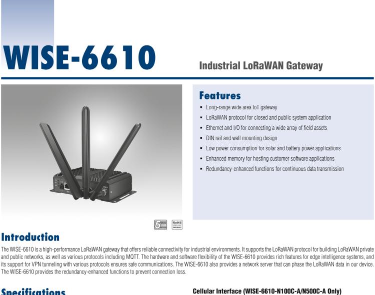 研華WISE-6610-A500C Hardened LoRaWAN 8-Channel Cellular Gateway AS 923 MHz - Support 500 nodes