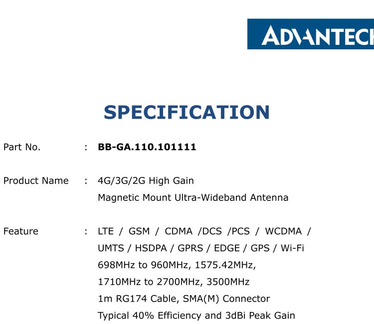 研華BB-GA.110.101111 4G/3G/2G High Gain Magnetic Mount Ultra-Wideband Antenna, SMA-M