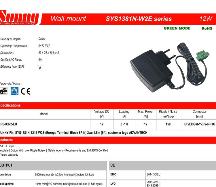 研華RPS-ICR2-EU Wall Power Supply, ICR-2000, v2i, EU plug, 1.5 m