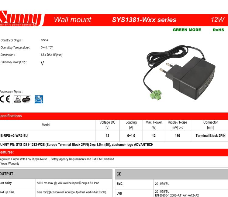 研華BB-RPS-v2-WR2-EU Wall Power supply, ICR-32xx, v2, EU plug