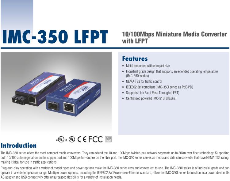 研華IMC-350-SL-PS-A Mini Media Converter, 100Mbps, Single mode 1310nm, LFPT, 80km, SC, AC adapter