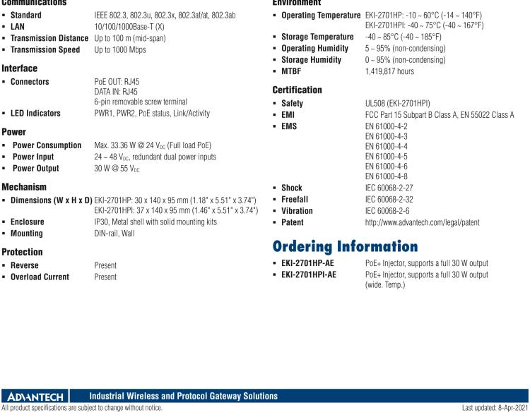 研華EKI-2701HP 1GE PoE Injector, IEEE802.3af/at, 24~48VDC