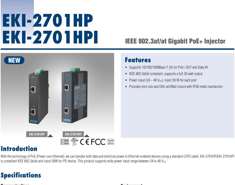 研華EKI-2701HPI IEEE 802.3af/at 工業寬溫型PoE分離器