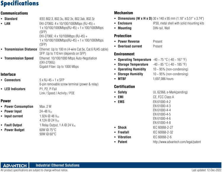 研華EKI-2706G-1GFPI 4GE PoE+1G+1G SFP，非網管型PoE工業以太網交換機，IEEE802.3af/at，24~48VDC（BE型），48~53VDC（AE型），-40~75℃