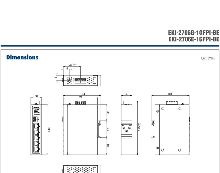 研華EKI-2706G-1GFPI 4GE PoE+1G+1G SFP，非網管型PoE工業以太網交換機，IEEE802.3af/at，24~48VDC（BE型），48~53VDC（AE型），-40~75℃