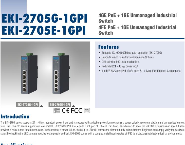 研華EKI-2705G-1GPI 4GE PoE+1GE, Unmanaged Ethernet Switch, IEEE802.3af/at, 24~48VDC, -40~75℃