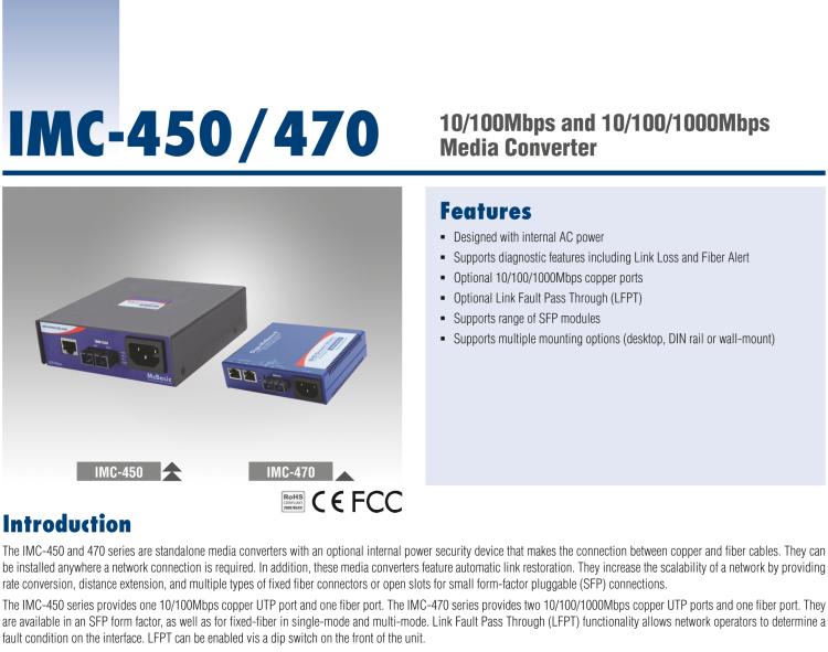 研華IMC-450-SL-US Standalone Media Converter, 100Mbps, Single mode 1310nm, 80km, SC, AC adapter (also known as McBasic 855-10934 )