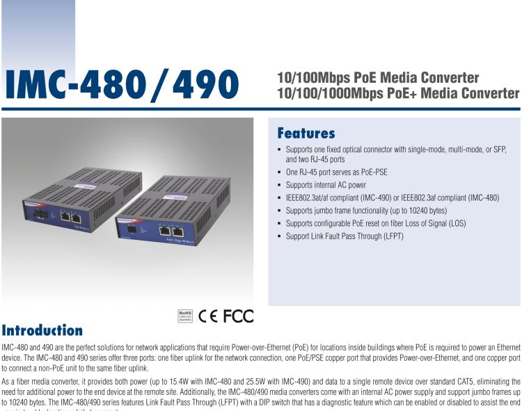 研華IMC-490-MM-US Standalone PoE+ Media Converter, 1000Mbps, Multimode 850nm, 550m, SC, AC adapter (also known as Giga-McBasic 852-11912)