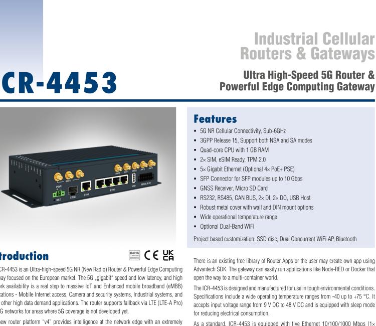 研華ICR-4453 ICR-4400, EUROPE, NAM, 5x Ethernet, 1x RS232, 1x RS485, CAN, SFP, USB, SD, Without Accessories