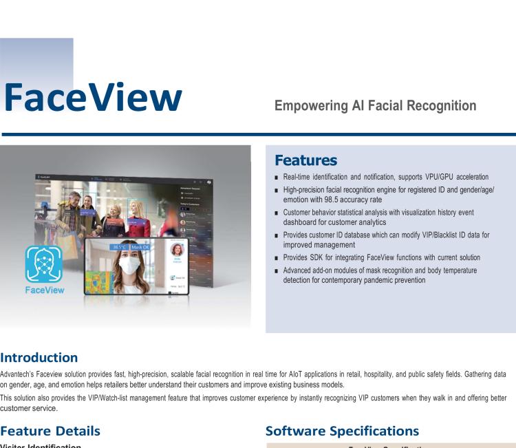 研華FaceView 研華 DeviceOn.FaceView是基于研華 IoT 設備的人臉識別軟件，支持性別、年齡、情感的數據收集，支持VPU/GPU加速。FaceView軟件在最新版本中正確識別率提升到了99.7%，可以支持遮擋檢測，也就是是否正確佩戴口罩，再搭配專業測溫攝像頭情況下，可以實現測量體溫。