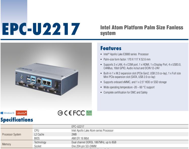 研華EPC-U2217 Intel Atom第六代Apollo Lake無風扇嵌入式工控機，3LAN，板載eMMC，CANBUS