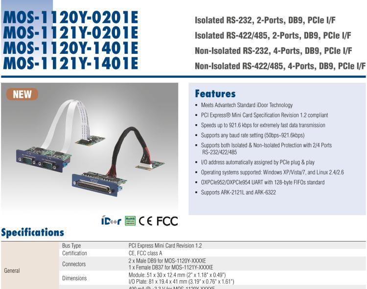 研華MOS-1120Y-1401E Non-Isolated RS-232, 4-Ports, DB9, PCIe I/F