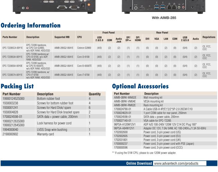 研華EPC-T2285 適配Intel? 第6/7代 Core? i 系列處理器，搭載H110芯片組。1U超薄高度，性能強勁。