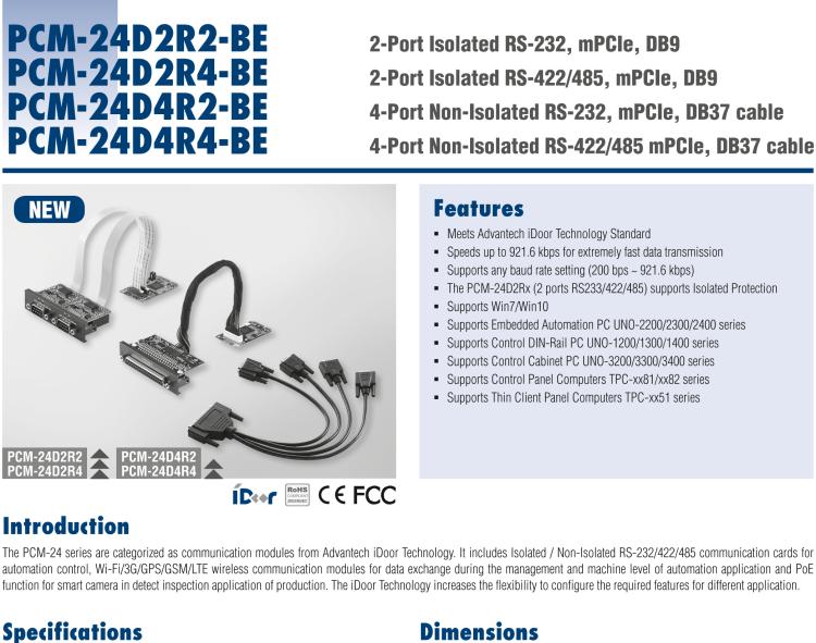 研華PCM-24D2R4 2端口隔離RS-422/485 mPCIe, DB9