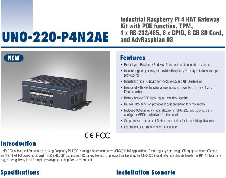 研華UNO-220-P4N2 Industrial Raspberry Pi 4 HAT Gateway Kit with PoE Function