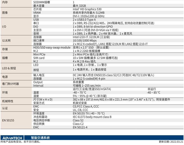 研華ITA-5231W 英特爾?第六代酷睿?i處理器無風扇系統；符合EN 50155的鐵路應用