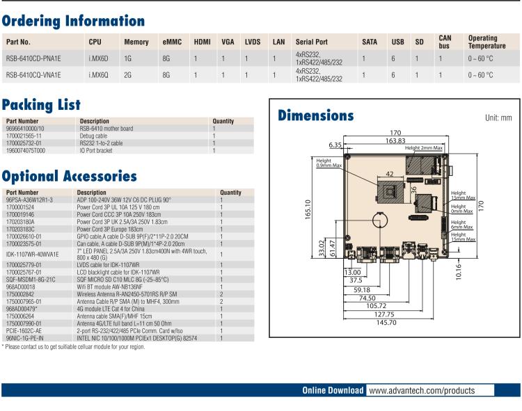 研華RSB-6410 基于NXP ARM Cortex-A9 i.MX6 Dual/Quad 的Mini-ITX工業主板， 支持Linux Yocto/Android