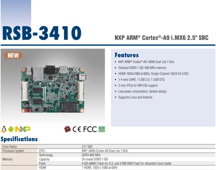 研華RSB-3410 基于NXP ARM Cortex A9 i.MX6 Dual Lite 1GHz 的Pico'-ITX單板電腦