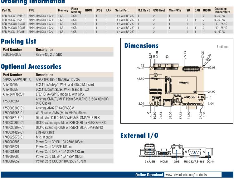 研華RSB-3430 基于NXP Arm Cortex-A9 i.MX6平臺,精簡功能的2.5寸緊湊型單板電腦。搭配UIO20/40可快速擴展各種外設接口