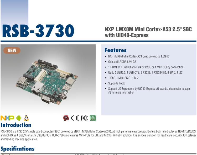 研華RSB-3730 基于NXP i.MX8M Cortex-A53 2.5" 單板電腦, 支持 UIO40-Express擴展