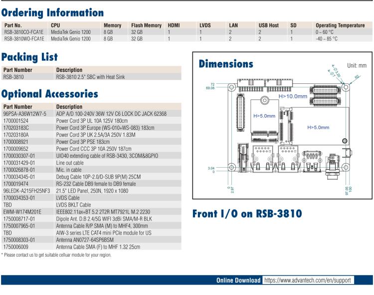 研華RSB-3810 基于聯發科Genio 1200 Cortex-A78&A55 平臺的2.5" 單板電腦, 支持 UIO40-Express擴展