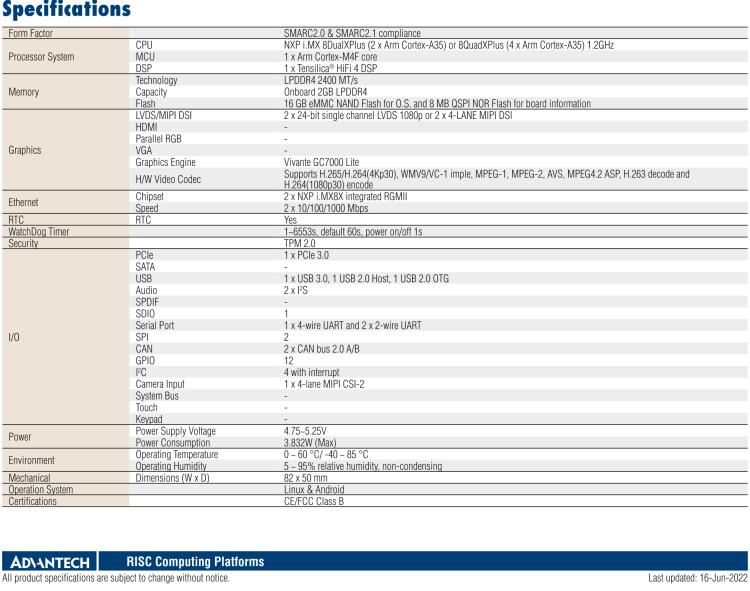 研華ROM-5620 基于NXP i.MX8X SMARC2.0 Arm核心板，多接口，低功耗設計